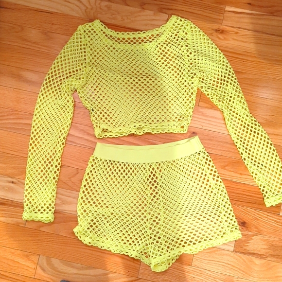 Neon yellow fishnet crop top and bottoms set - Picture 1 of 4